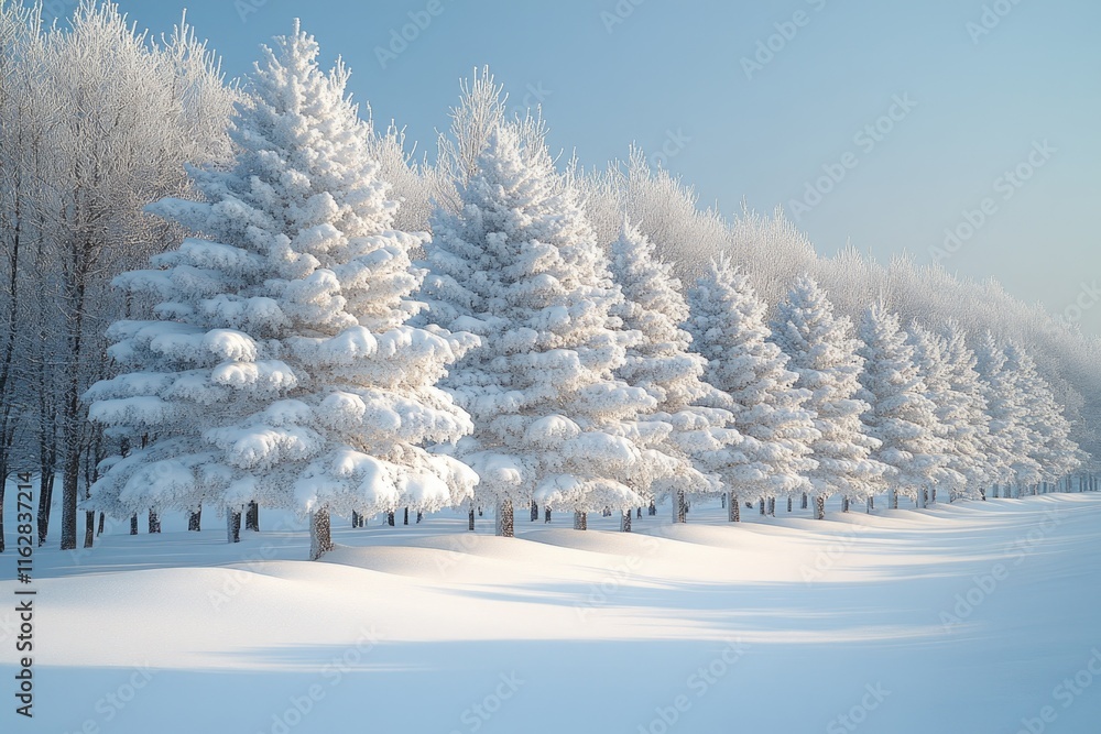 Poster a row of snow-covered trees in a snowy field, perfect for winter scenery or climate-related concepts