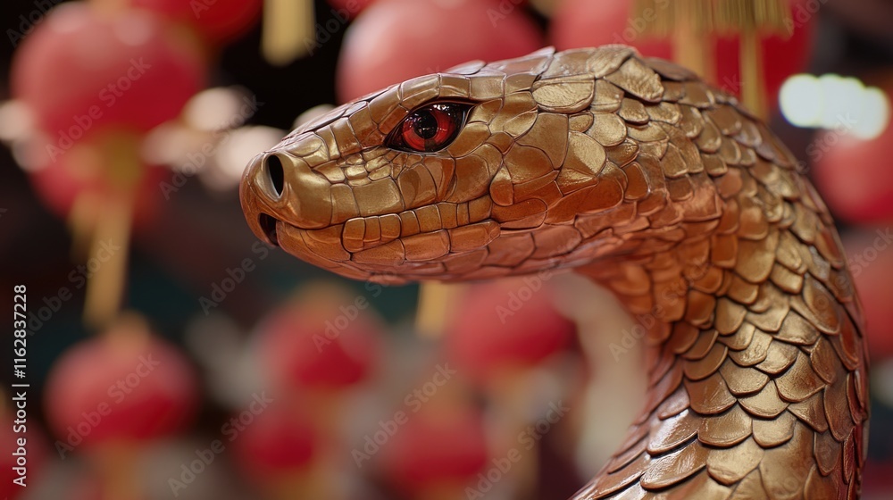 Poster a golden snake statue illuminated by red lanterns in the background