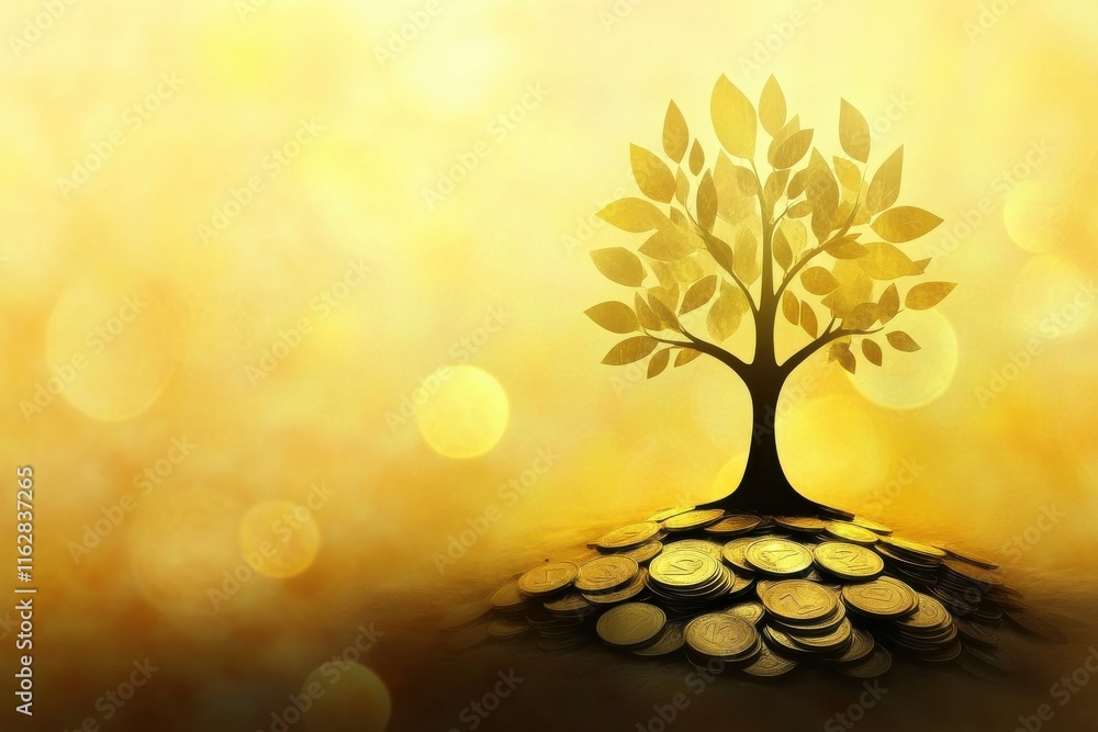 Poster a stylized tree growing from a pile of coins surrounded by soft warm colors and a blurred nature ins