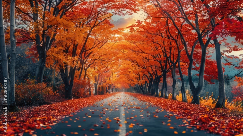 Poster the road is lined with maple trees, which have red leaves and yellow flowers on them, creating a bea