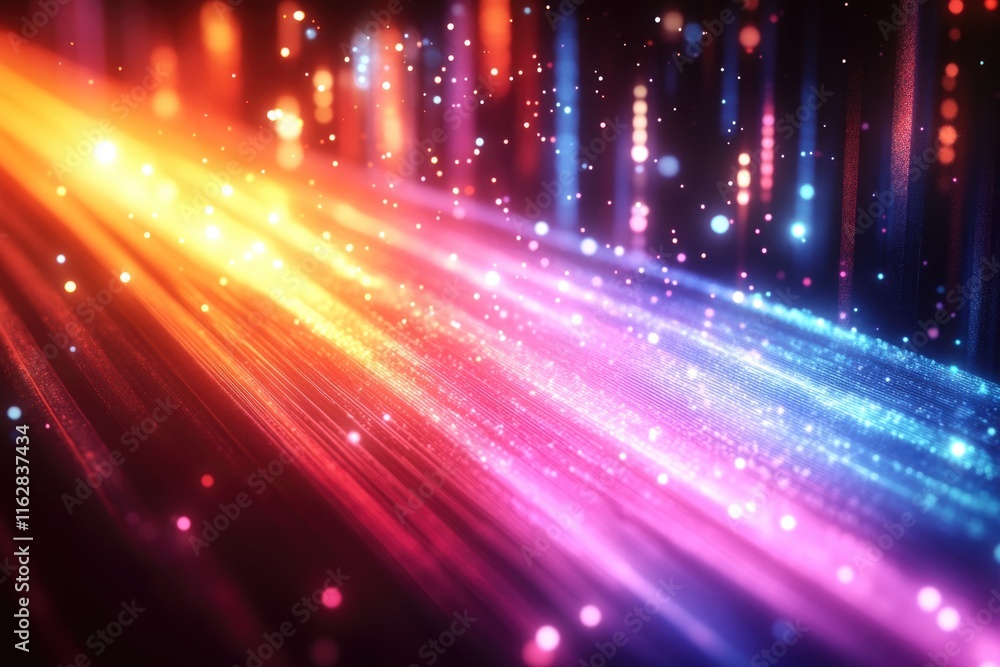 Poster blurry image of colorful lights illuminating a dark room, ideal for use in presentations about creat