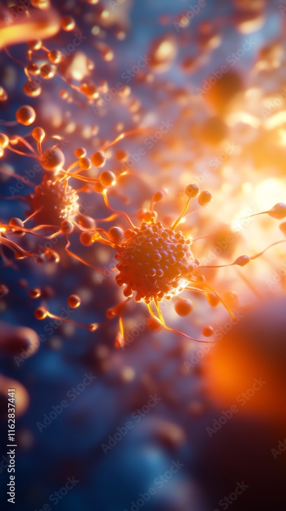 Poster vibrant close-up of microscopic cells showcasing intricate structures and colors, representing the b