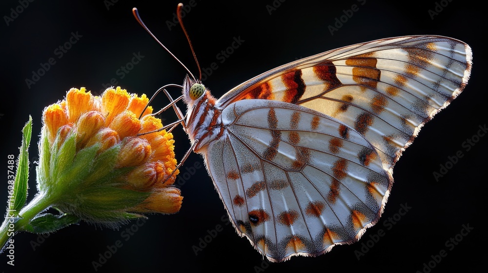 Poster a close-up image of a butterfly sitting on a flower, showcasing its delicate features and the vibran