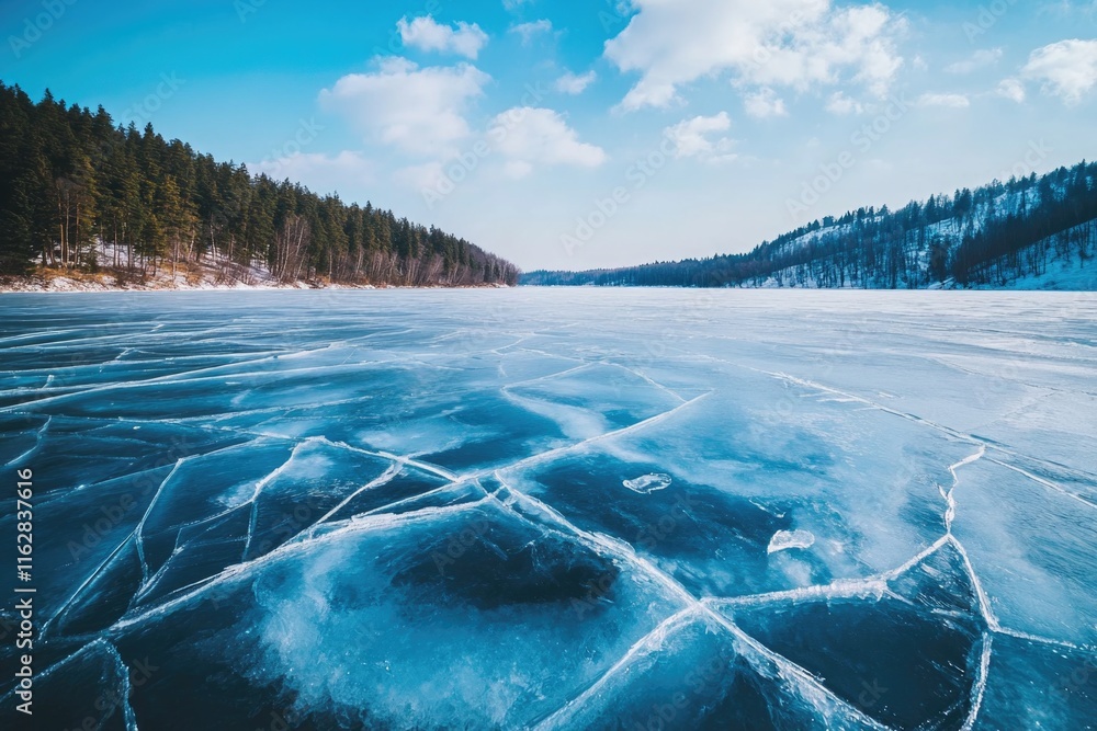 Poster a frozen lake with a forest in the background