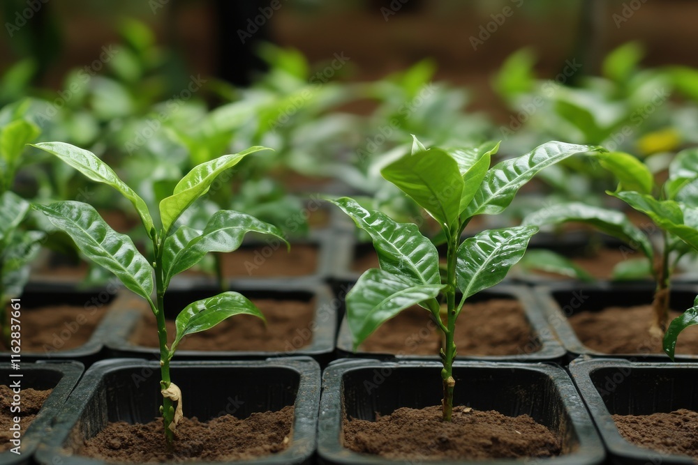 Aufkleber vibrant saplings growing in neat rows under sunlight in an earthy background captured from a low ang