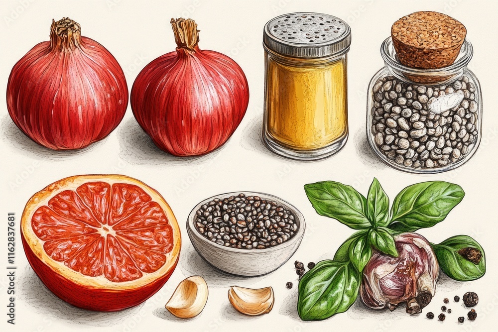 Poster assortment of various edible items on a plate or table