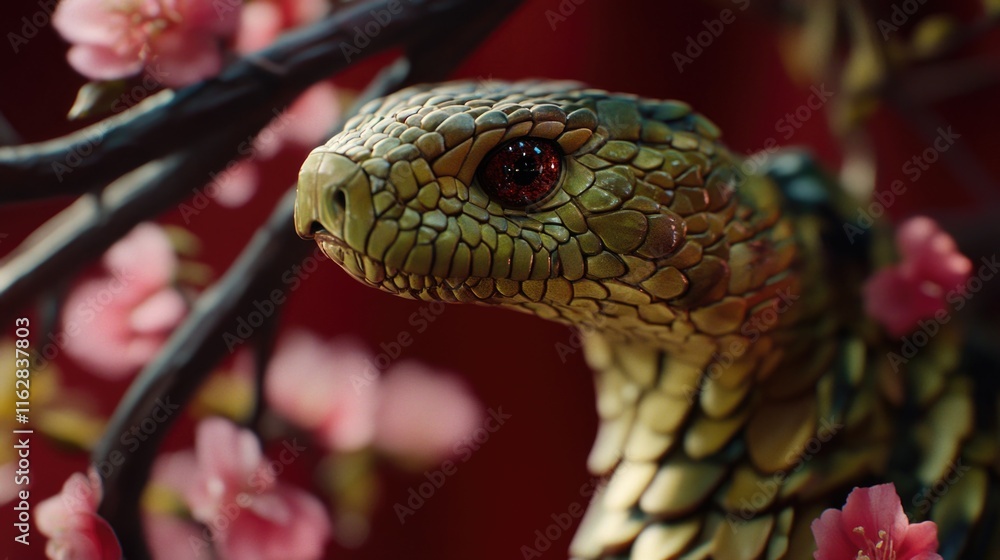 Poster a close-up view of a snake coiled around a tree branch, ready to strike