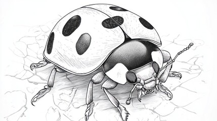 Obraz premium Ladybug walking on dry ground, detailed black and white drawing