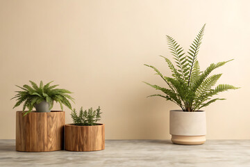 Fototapeta premium Minimalistic greenery with wooden planters and text space for design elements.