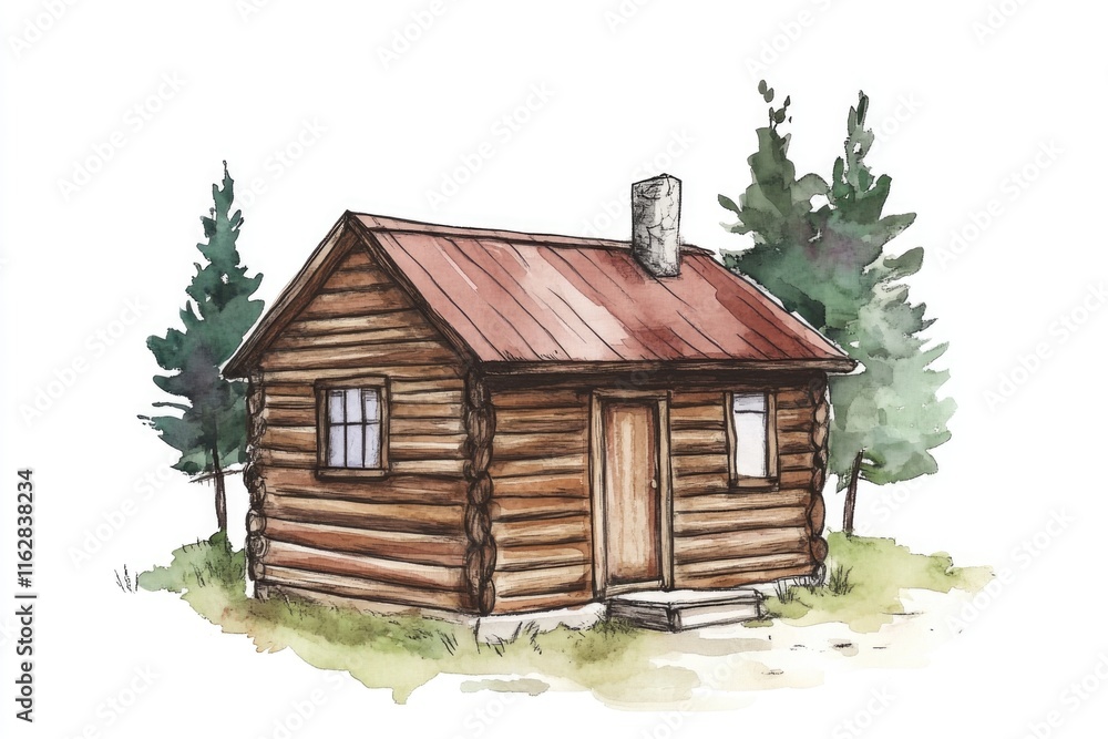 Poster cozy log cabin surrounded by trees and foliage