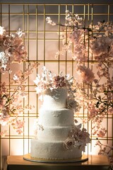 Elegant Four-Tier Wedding Cake with Lace Design and Pink Flowers