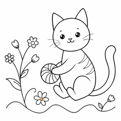 Vector art illustration of a cat playing in a flower garden