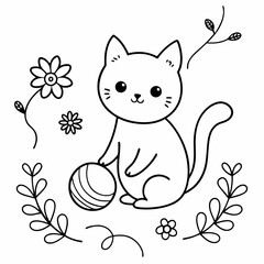 Vector art illustration of a cat playing in a flower garden