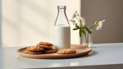 Chocolate chip cookies and bottle of milk on wooden tray