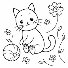 Vector art illustration of a cat playing in a flower garden