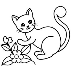 Vector art illustration of a cat playing in a flower garden