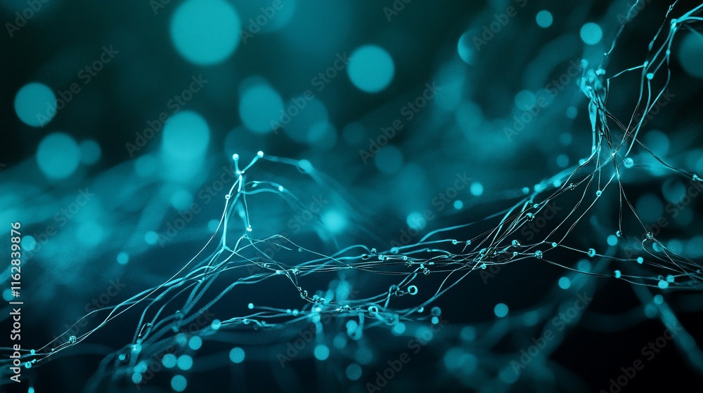 Poster abstract teal flowing lines and particles on dark background.