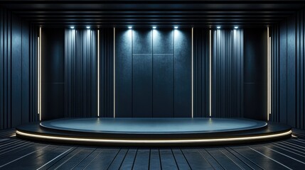 A modern, illuminated stage set in a sleek, dark environment for presentations or performances.