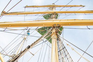 Looking up at a ship's mast supports and rigging, showcasing maritime craftsmanship.