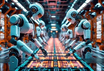 Fototapeta premium Robots collaborate in a high-tech facility during a futuristic assembly process with intricate machinery and glowing screens