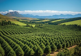 Naklejka premium Aerial View of Lush Green Pine Tree Plantation on Rolling Hills