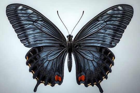 A close-up shot of a black butterfly with distinctive red spots on its wings, perched on a leaf or branch
