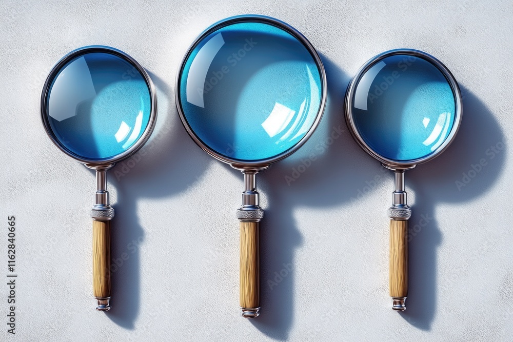 Poster three magnifying glasses placed on a table, often used for examining small objects or reading