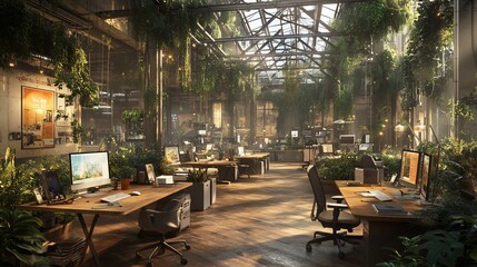 Sunlit indoor workspace with abundant plants and computers.