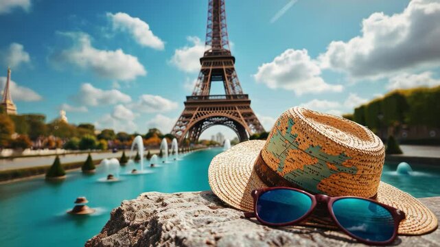 A hat with a world map on it sits on a rock next to a body of water. The hat is on a sunny day, and the water is calm. The scene is peaceful and relaxing, and the hat