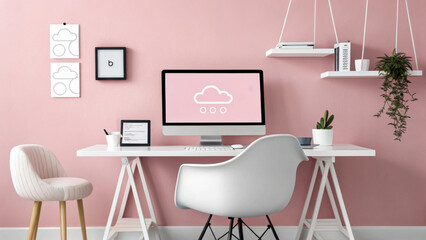 Fototapeta premium A minimalist workspace features a sleek white desk with a computer displaying a cloud icon against a pink wall. Modern shelves hold books and a small plant, adding to the clean, organized look.AI gene