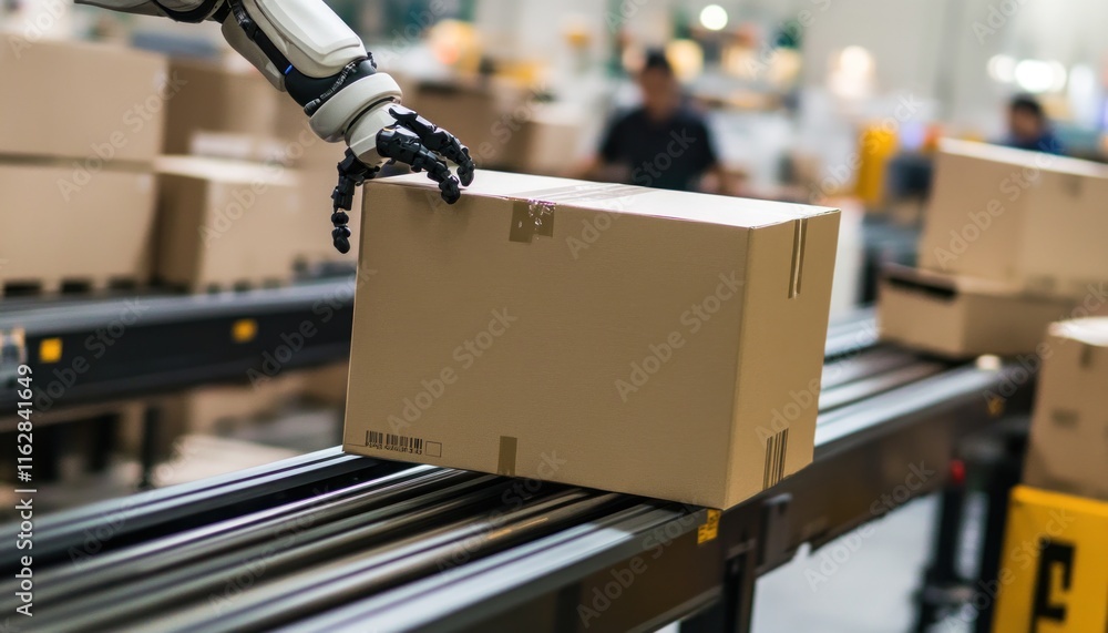 Aufkleber robotic arm handling package on assembly line in modern factory