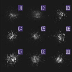 Set of nine ink spraying brush texture. Dusty grit vector design elements.