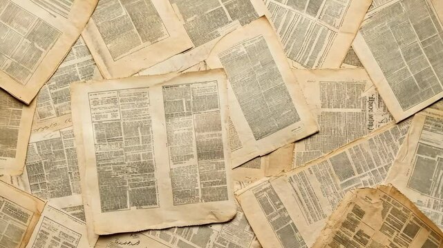 Vintage newspaper clippings spread across a wooden surface showcasing historical document aesthetics and faded text