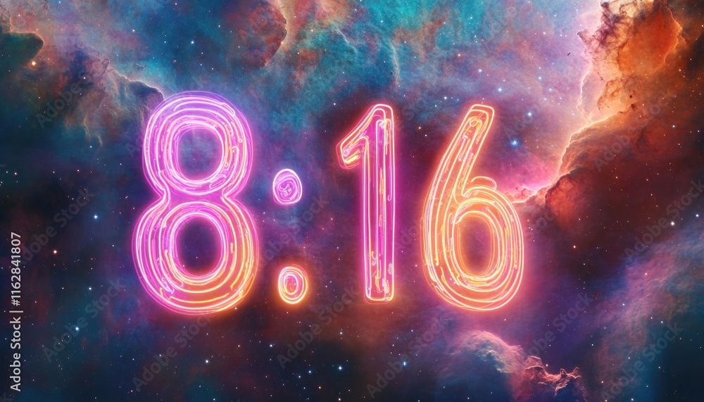 Poster vibrant neon numbers 8.16 floating in colorful nebula clouds
