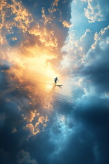 Fototapeta premium Paddleboarder gliding across calm water beneath a dramatic sky at sunset with vibrant colors reflecting on the surface