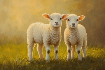 Fototapeta premium Two adorable lambs standing in a sunny field. (1)