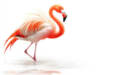 Fototapeta premium A vibrant flamingo stands gracefully in shallow water, showcasing its striking pink plumage and elegant posture.