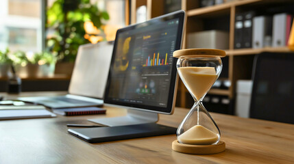 Hourglass deadline countdown scene, professional time management, office productivity moment, corporate schedule focus