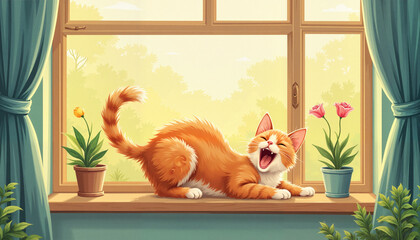 Stretching orange cat on sunny windowsill with flowers
