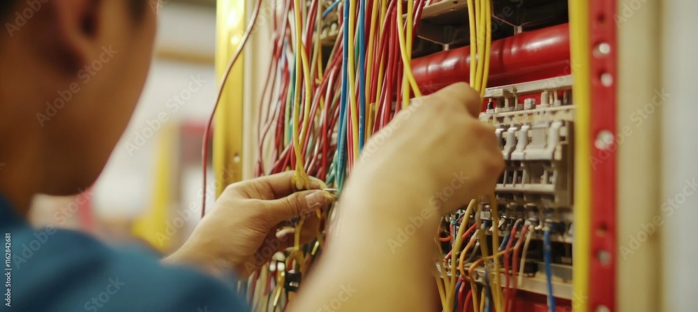 Poster electrician connecting wires in server room installing network equipment