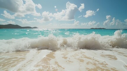 Beautiful tropical beach with turquoise ocean waves gently splashing against the sand, under a bright sky. 