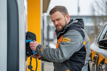 Man Connecting Cable to Charging Station Outdoors