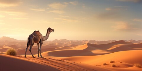 Camel in the desert at sunset.