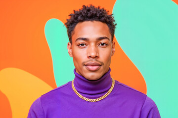 Obraz premium Stylish young man with confidence in purple turtleneck, modern portrait. Bright and modern style portrait
