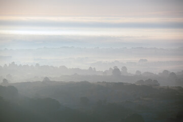 Typical landscape of La Mancha with depth effect due to morning light and fog
