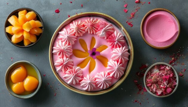 Colorful Espumilla Dessert with Fresh Fruits and Whipped Cream in Decorative Bowls