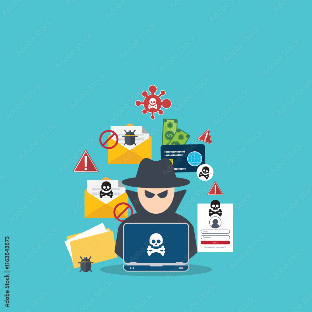 Poster hacker with laptop computer stealing confidential data, personal information and credit card detail.