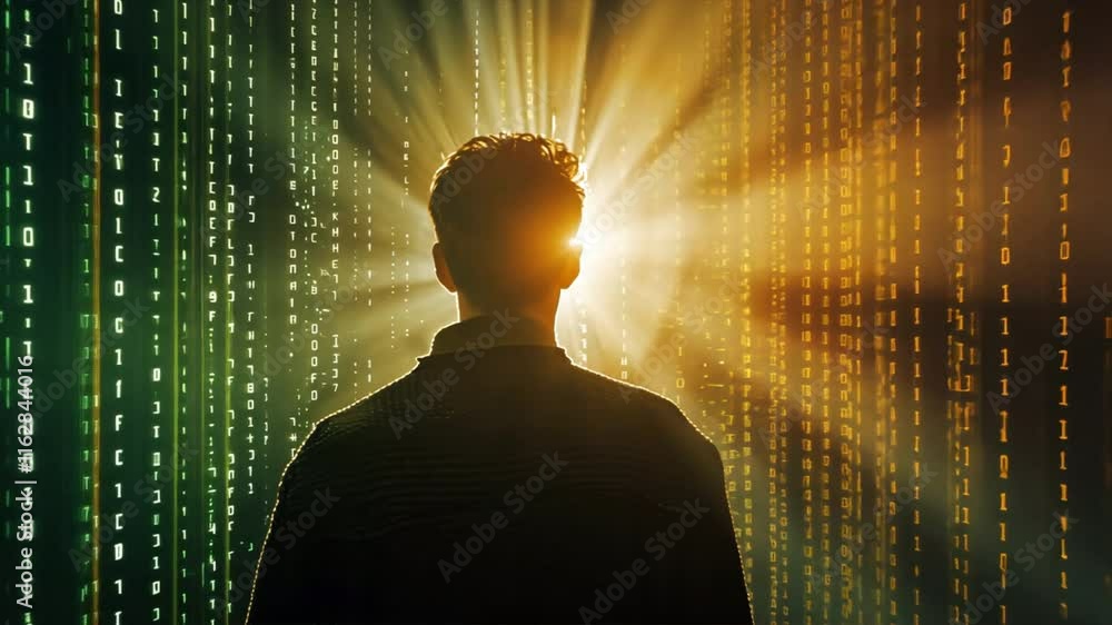Poster exploration of technology persons silhouette illuminated by binary code and light in futuristic digi