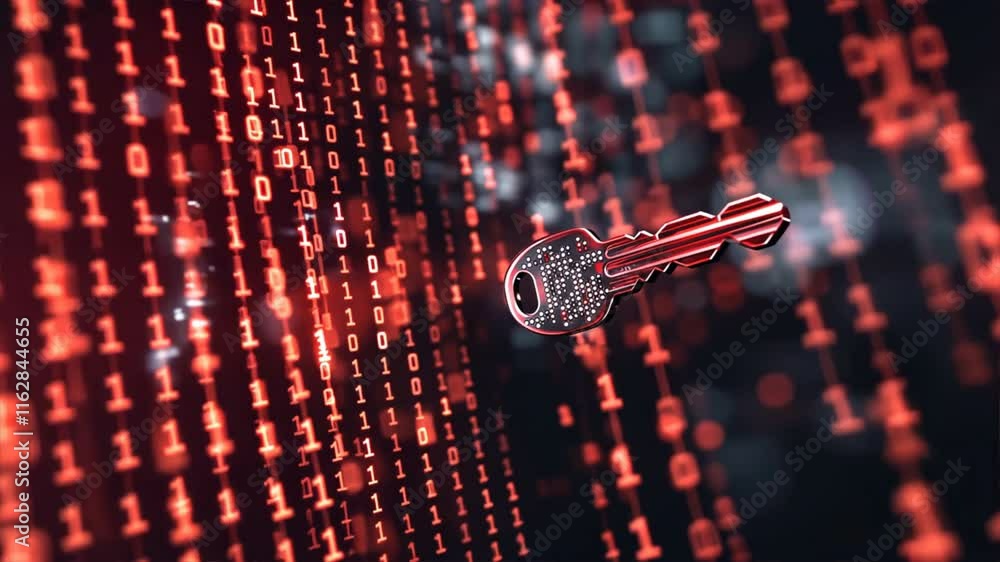Poster digital key on binary code enhancing cybersecurity and data protection with vibrant red technology a