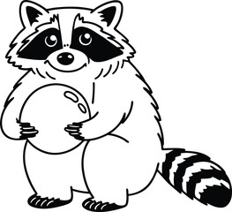 Raccoon is standing on a ball silhouette vector, Raccoon is standing on a ball line art vector illustration
